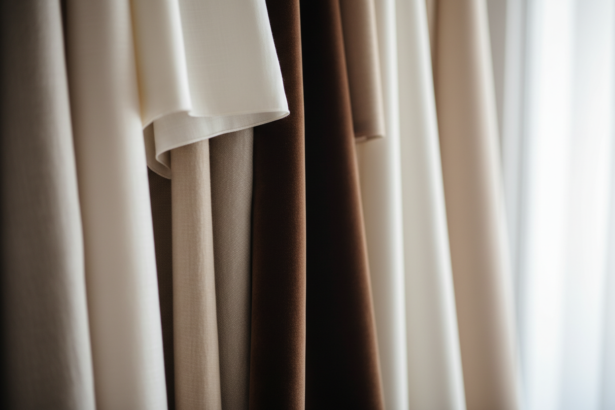 create a highly luxurious image of close up of luxury silks and linens in neutrals colors and one in a rich hocolate