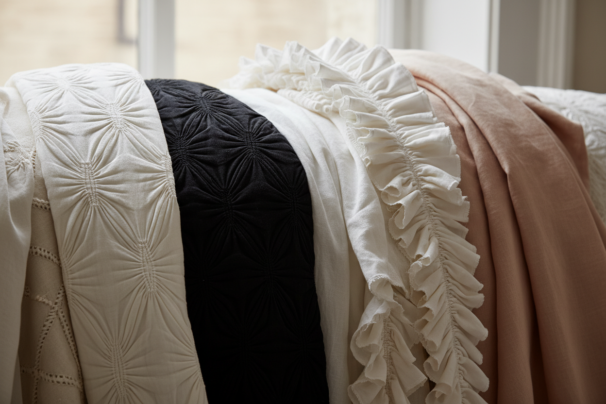 generate a picture of silks linens and cottons in whites, black, nudes and fabric manipulationa and smocking. Close up