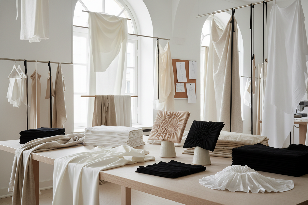 No start from scratch... batches of fabrics in luxurious feels and some fabrics on a table that has fabric manupilation